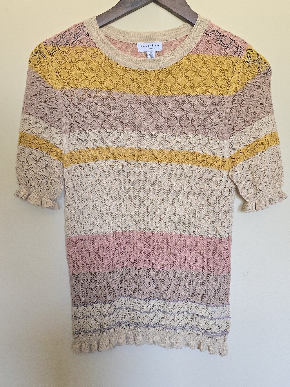 Current Air Openwork Crewneck Sweater in Cream, Pink & Yellow